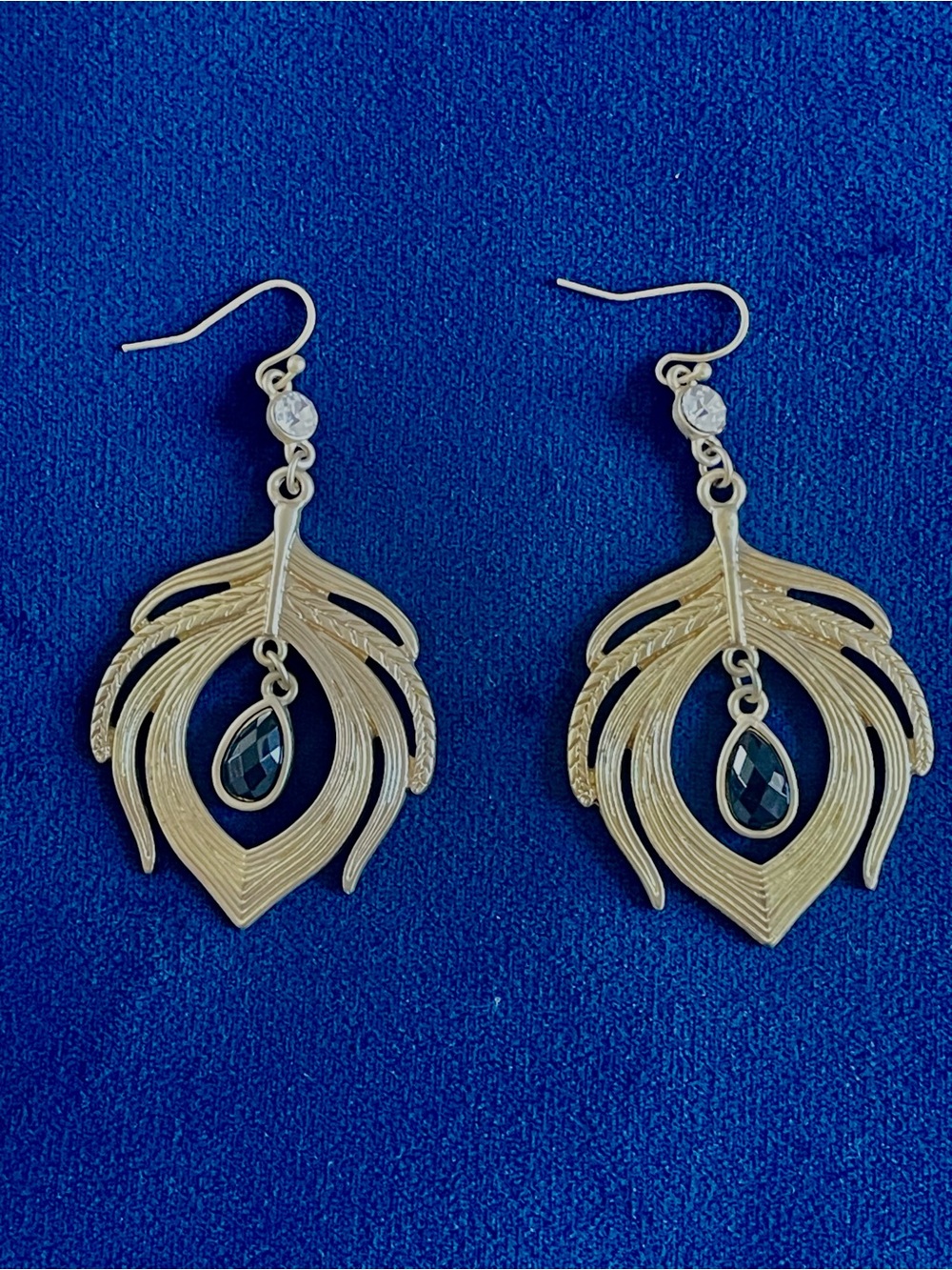 Gold Peacock Feather Drop Earrings with Black Stone